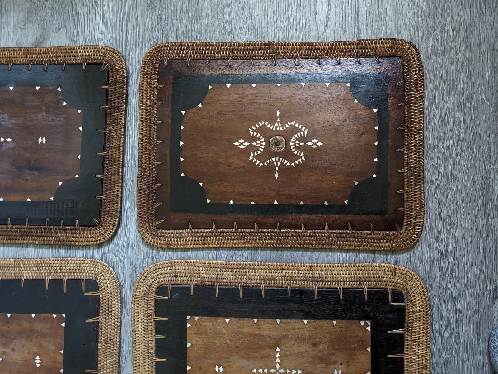 Vintage Mid Century Rattan Wood Placemats Shell Inlay Chinese Coin Boho Set of 8