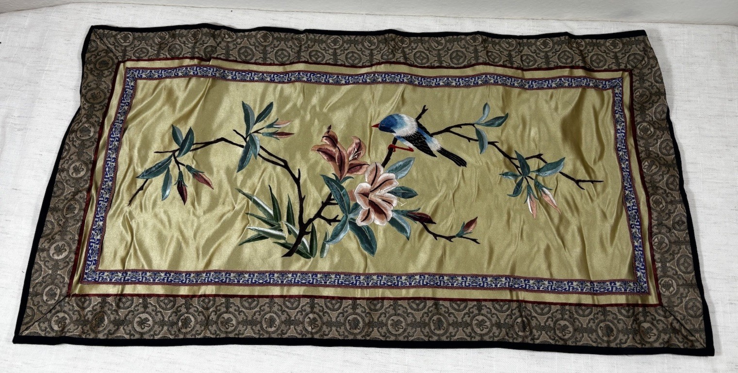 Vintage Dun Huang Chinese Silk Embroidery Bird & Flowers Wall Hanging 12×24