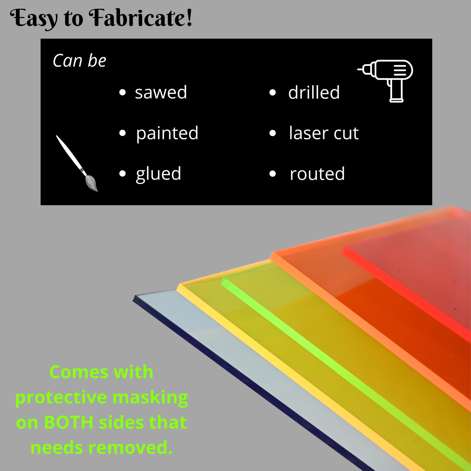 Transparent Fluorescent Colored Acrylic Plexiglass Sheet, Choose Color and Size