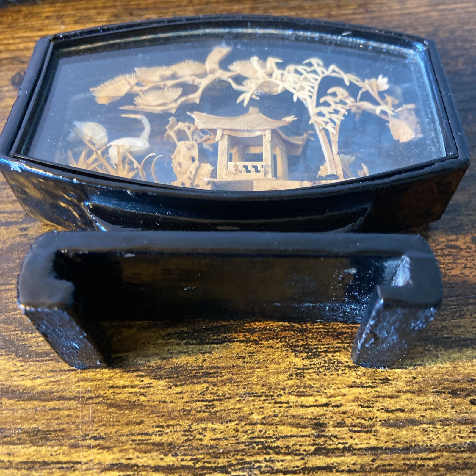 Carved Cork Chinese Art Diorama with Cranes Pagoda & Trees Black Lacquer Vintage