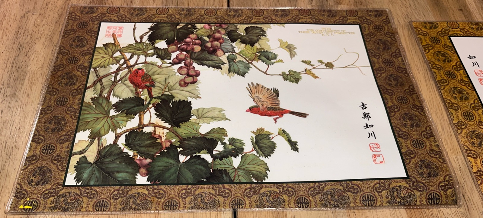 H136~ Chinese Silk Placemats Hand Painted Watercolors Double Sided Laminate