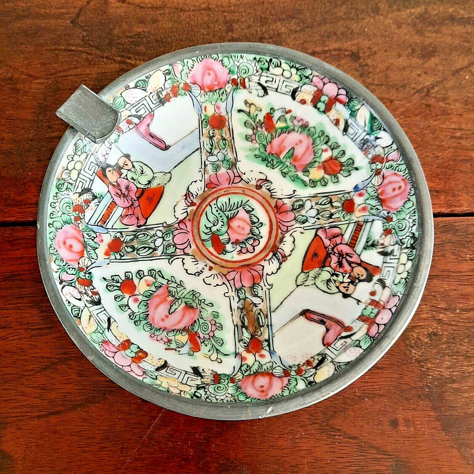 Vintage Chinese Porcelain Famille Rose Medallion Pewter Cased Ashtray Marked 6″