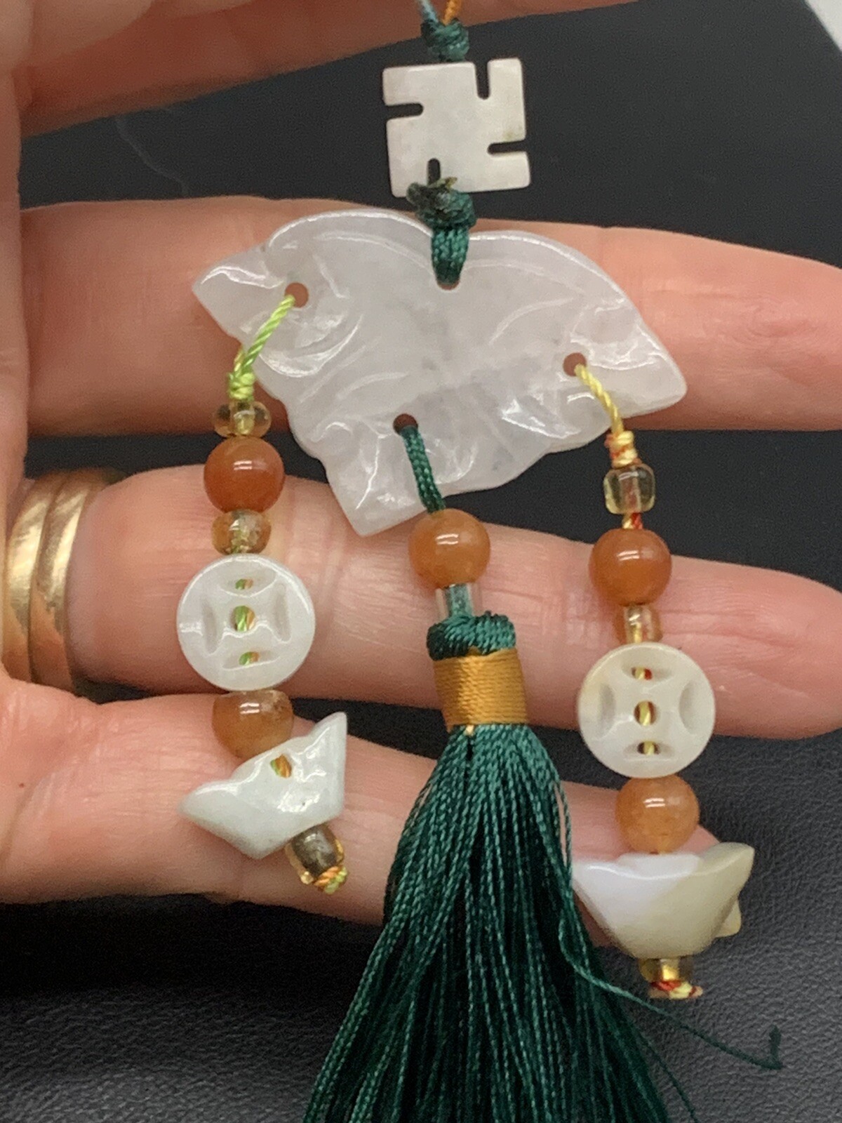 Vintage Chinese Natural Jade And Carnelian Beaded Lucky Charm Tassel Pendant M2