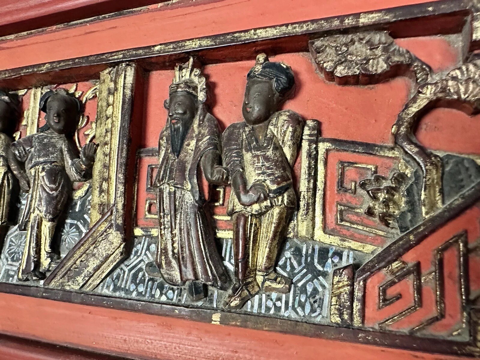 Lot of 5 Asian Chinese Hand Carved Painted Wood Panels Wall Hangings Décor