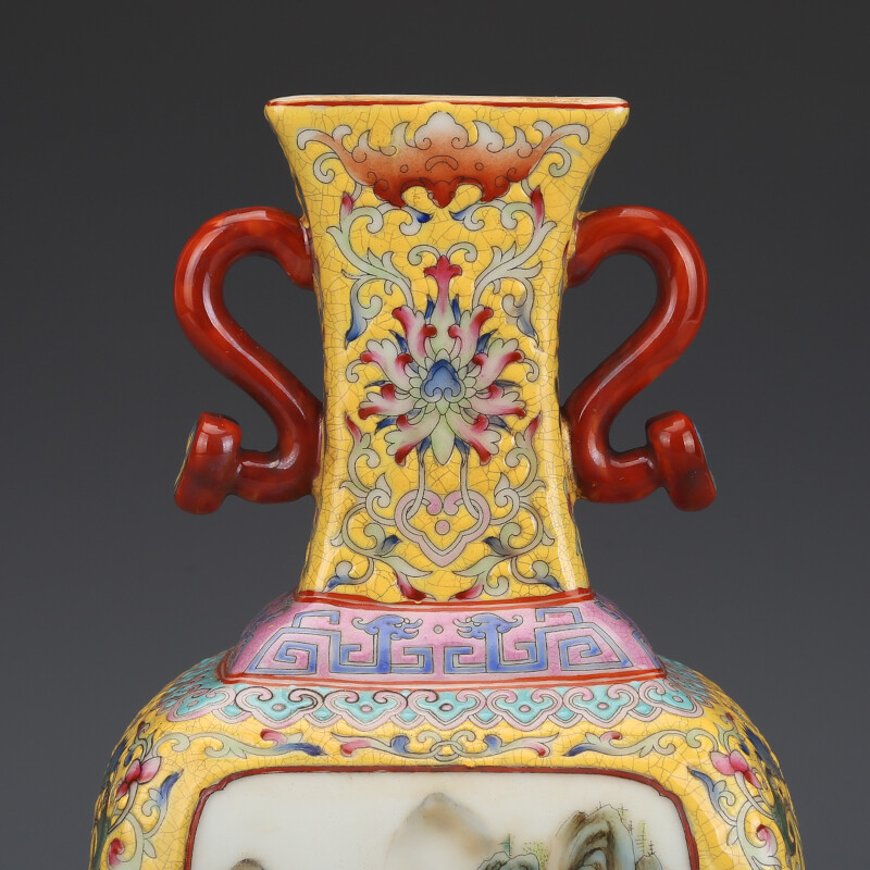 8.8″ China Colour Enamels Porcelain Yellow Glaze Hill Water Scenery Two Ear Vase
