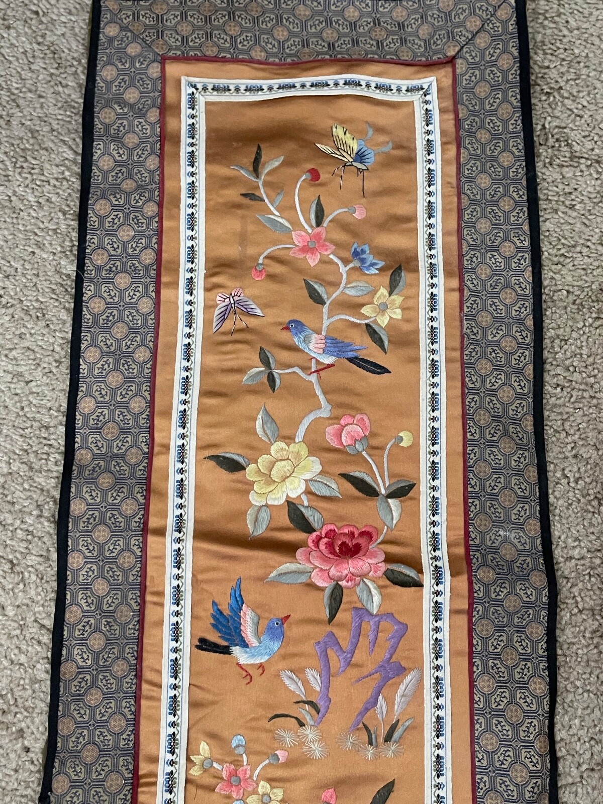 Vintage Antique Chinese Silk Embroidered Textile w/ Birds Floral & Butterfly Dec