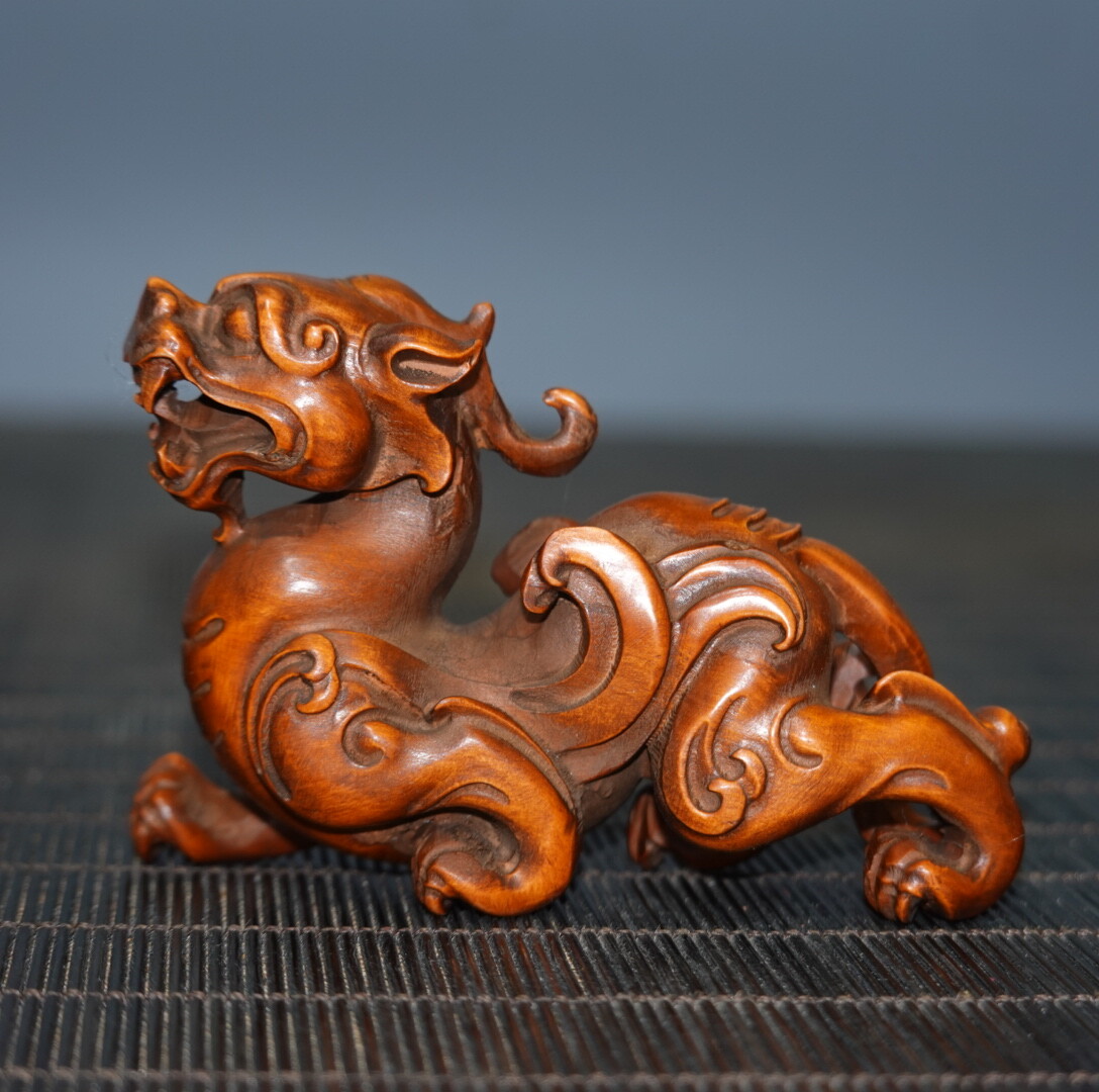 3.1″ Collect China Boxwood Carving Animal Kylin Chi-lin Qilin Pixiu Beast Statue