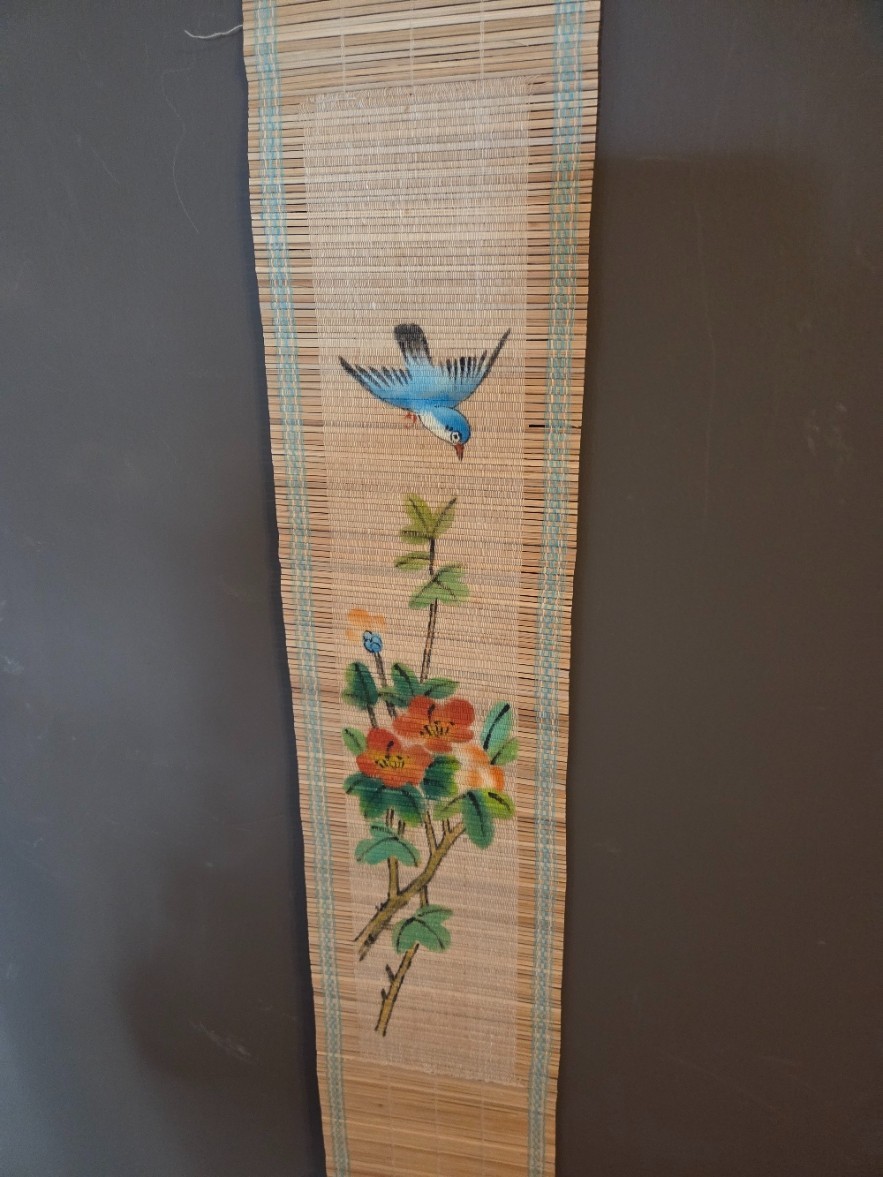 SET OF 3 VINTAGE CHINESE TAPESTRY HAND PAINTED ON BAMBOO BIRD WALL ESTATE FIND