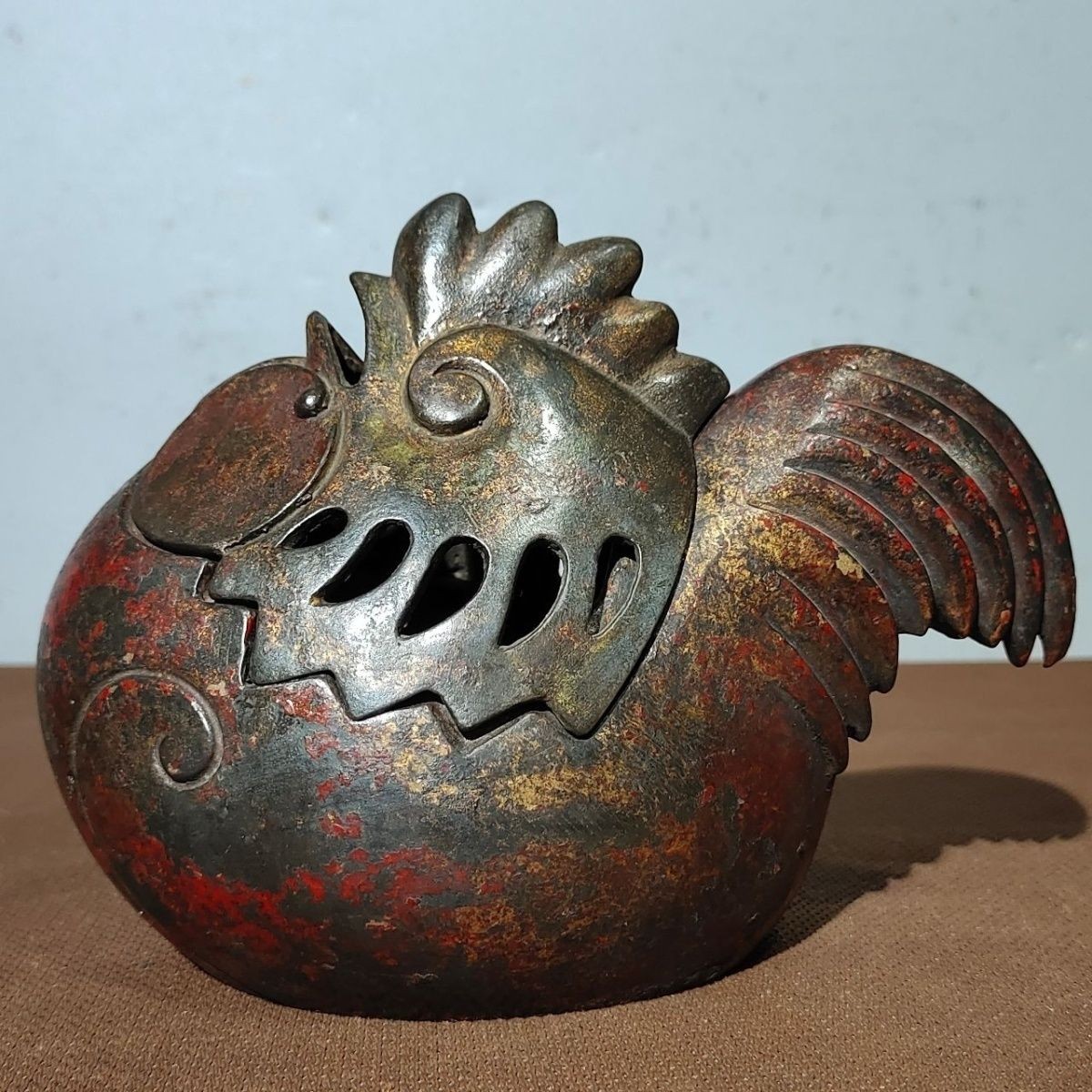 Vintage Solid Copper Mud Rooster Incense Burner Hollow Split Censer Home Decor