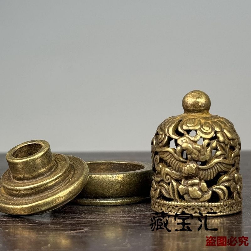 Antique Brass Incense Burner Seal Set 3-in-1 Hollow Flower Desktop Ornament