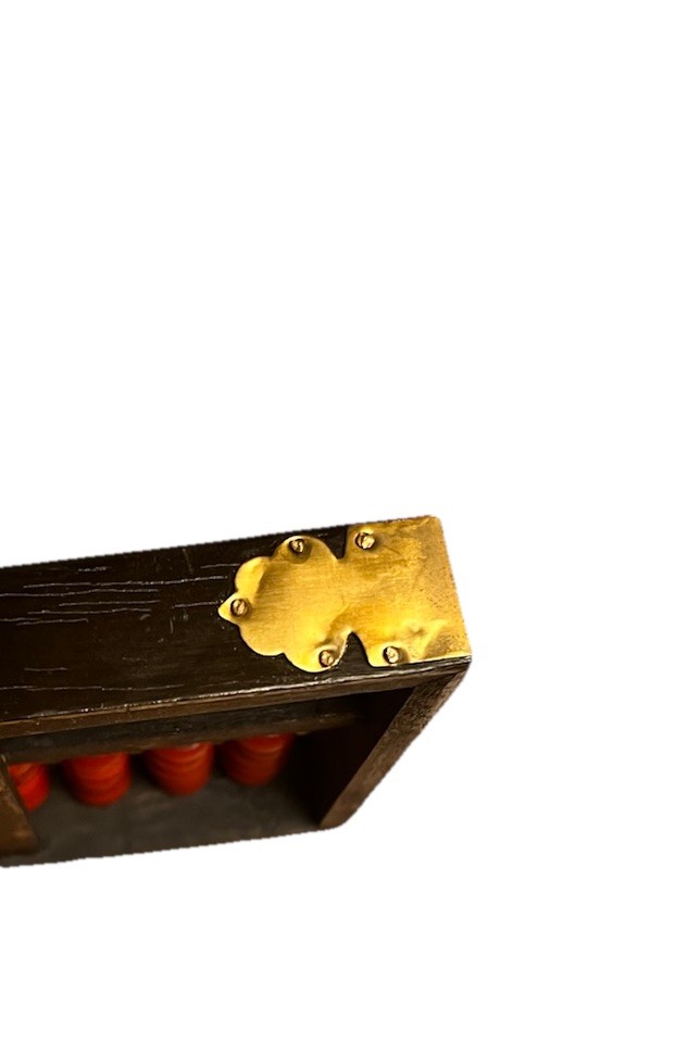 Vintage Lotus-Flower Brand Black Lacquered Wood Abacus Red Beads Brass Trim