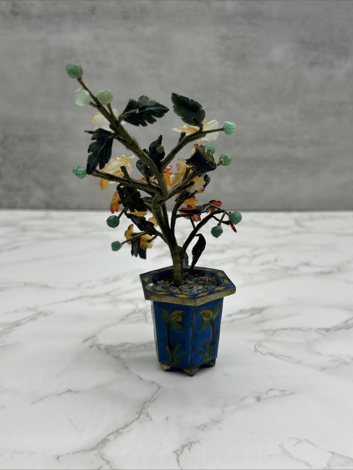 Chinese Carved Jade Agate Carnelian Quartz Flowers Bonsai Tree Cloisonne Enamel