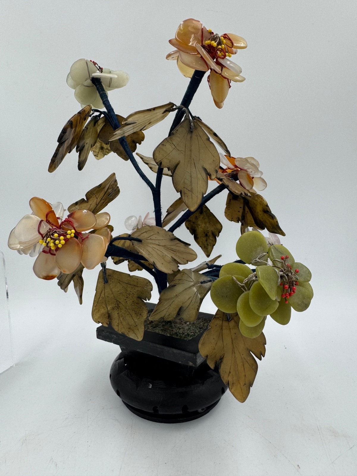 Vintage Jade? Agate Hardstone Chinese Wire Bonsai Tree Carved Flower 9.5″