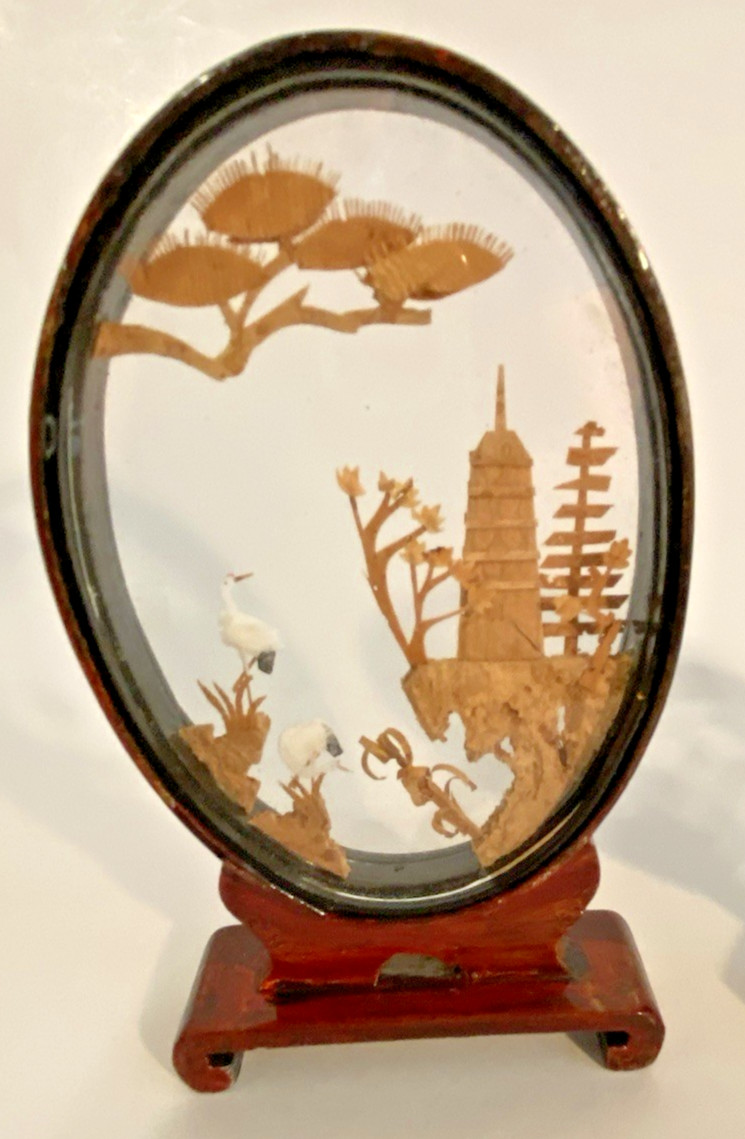 VINTAGE CHINESE DIORAMA CORK CARVING GLASS CASE PAGODA TREES & CRANES.
