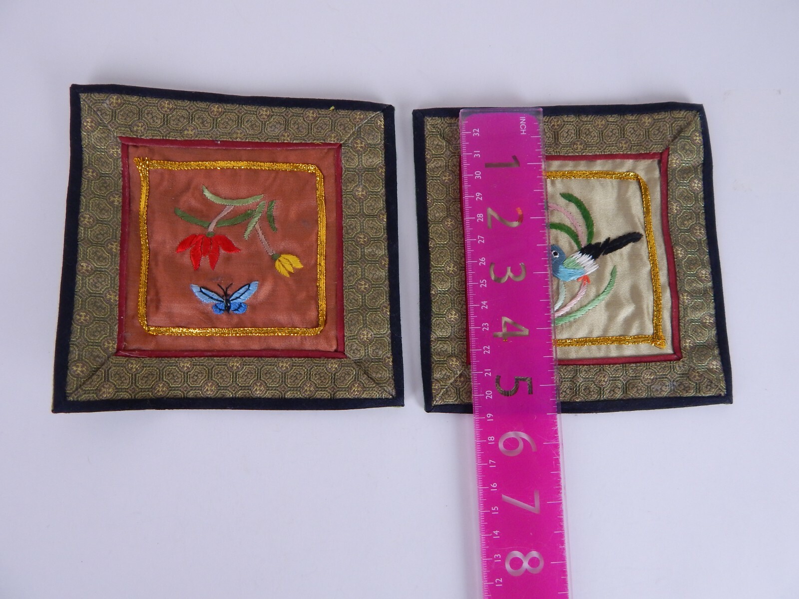 Vintage Chinese Silk Hand Embroidered Bird & Flowers 5.5″ Set of 2 Unframed