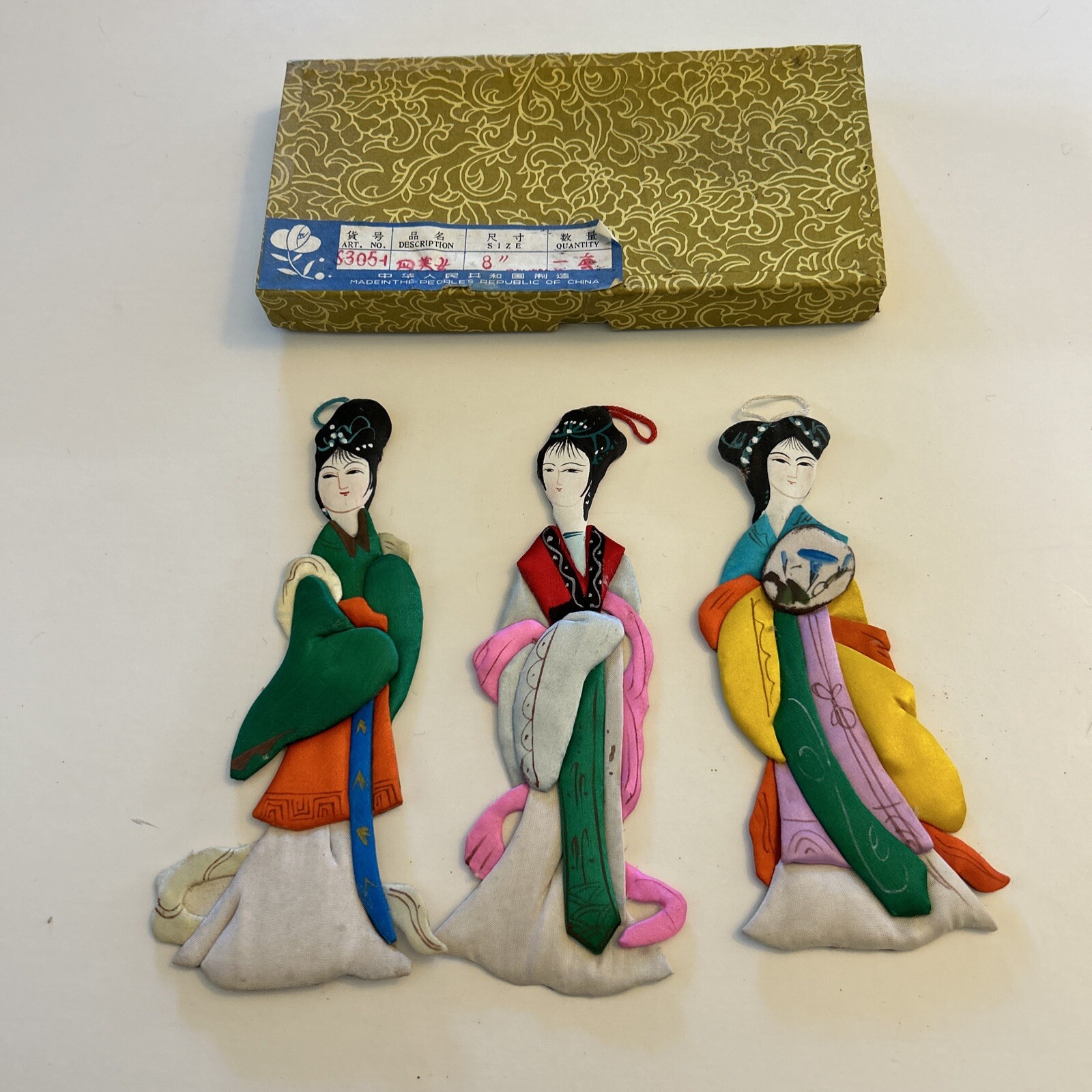 Vintage Set Of 3 Asian Oriental Geisha Girls Silk Satin Ornaments With Box