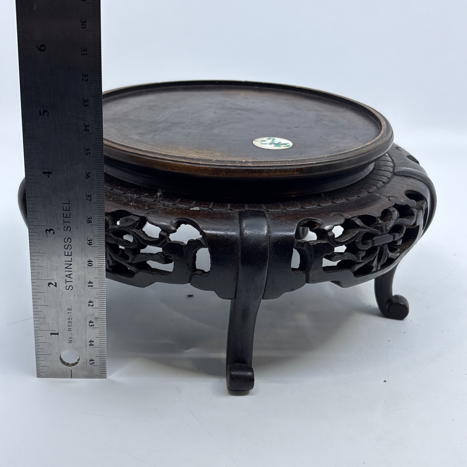 Vtg Chinese Wood Display Stand Vase Plant Asian Lamp Base Footed Round 6″ Inner