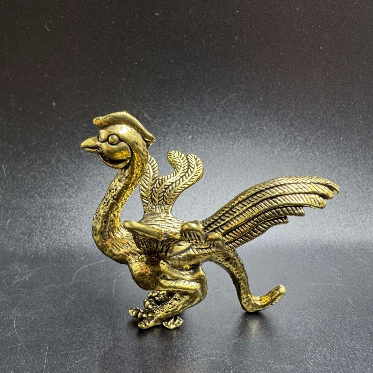 Vintage Solid Brass Phoenix Mini Figurine Chinese Feng Shui Auspicious Bird Desk