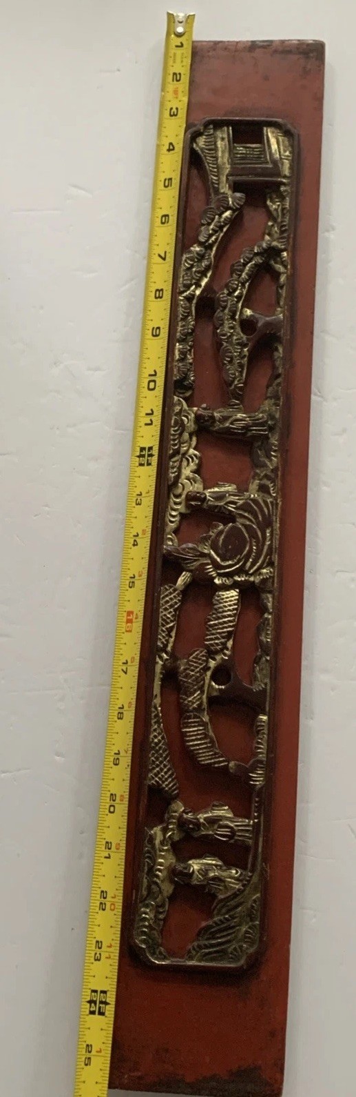 Chinoserie Hand Carved Wood Red Gilded 3D Relief Pagoda People Tree Garden Panel