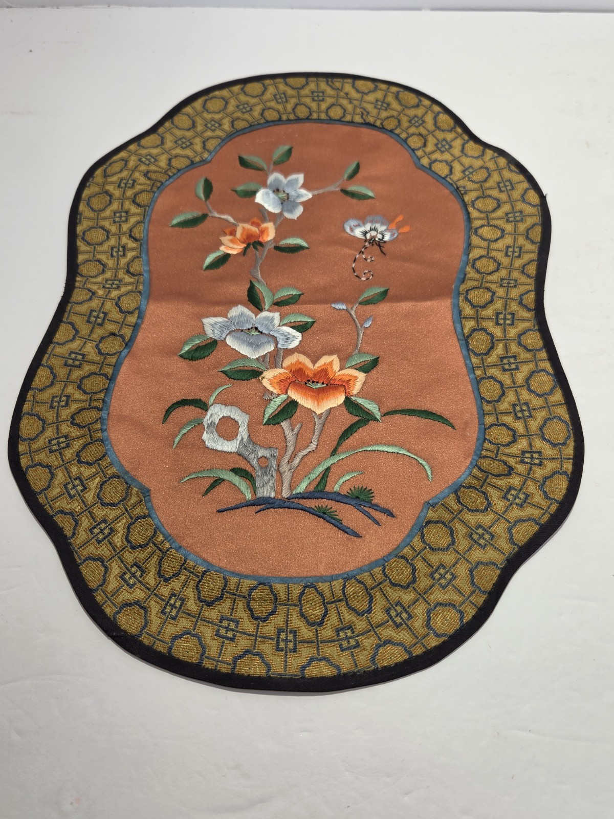 Vtg Chinese Silk Mats & Runner Embroidered Butterfly Flower Asian Table Decor