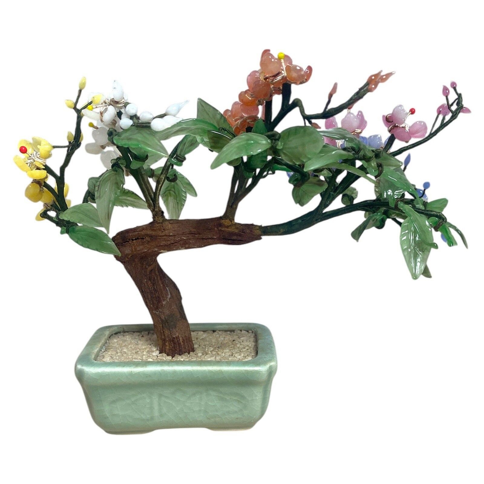 Glass Jade Bonsai Tree Sculpture Multicolor Flowers Celadon Pot 9 Inch