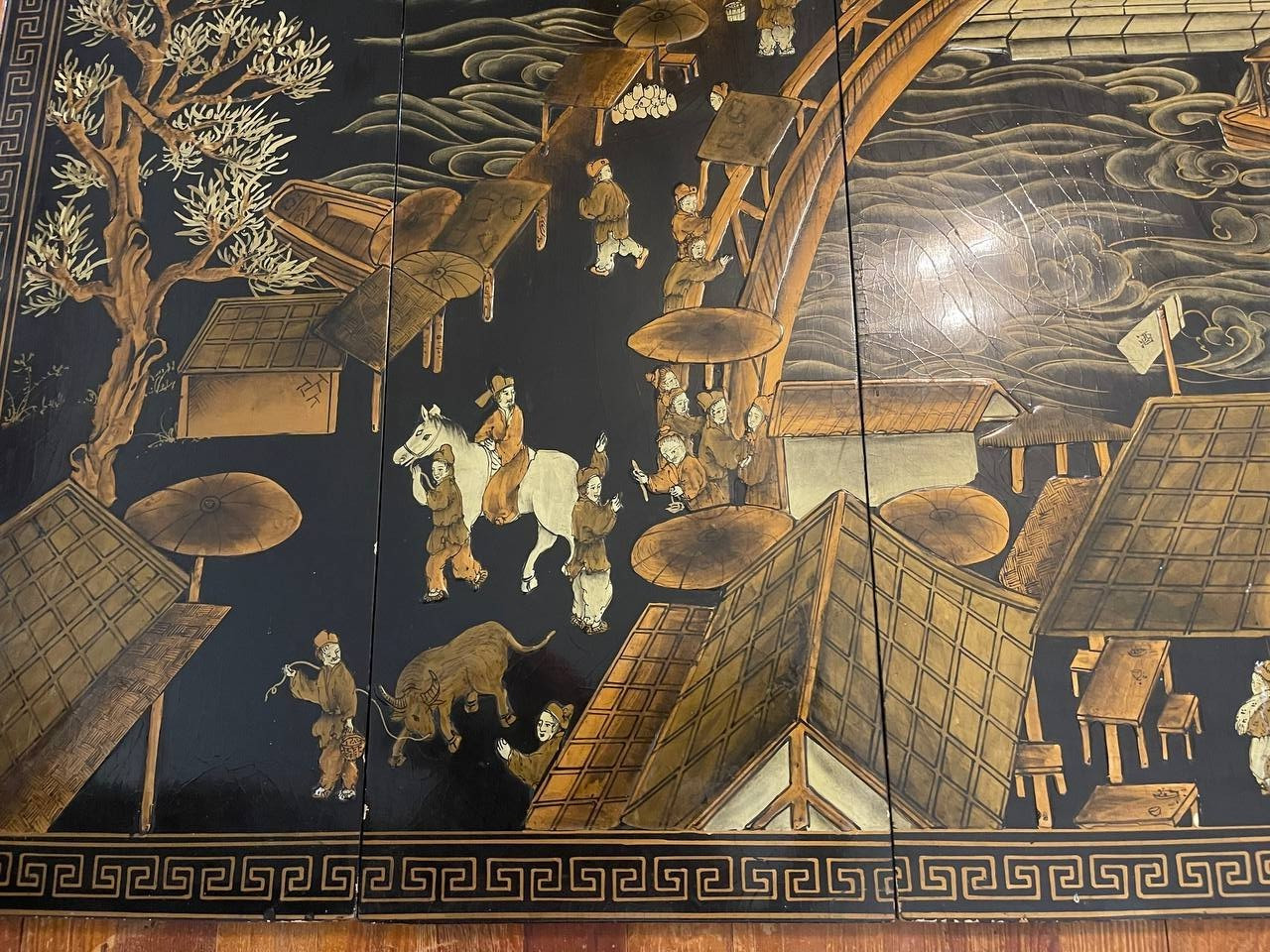 Vintage Chinese Hand Painted Lacquer Wall Panels Set of 4 Landscape Art – 4