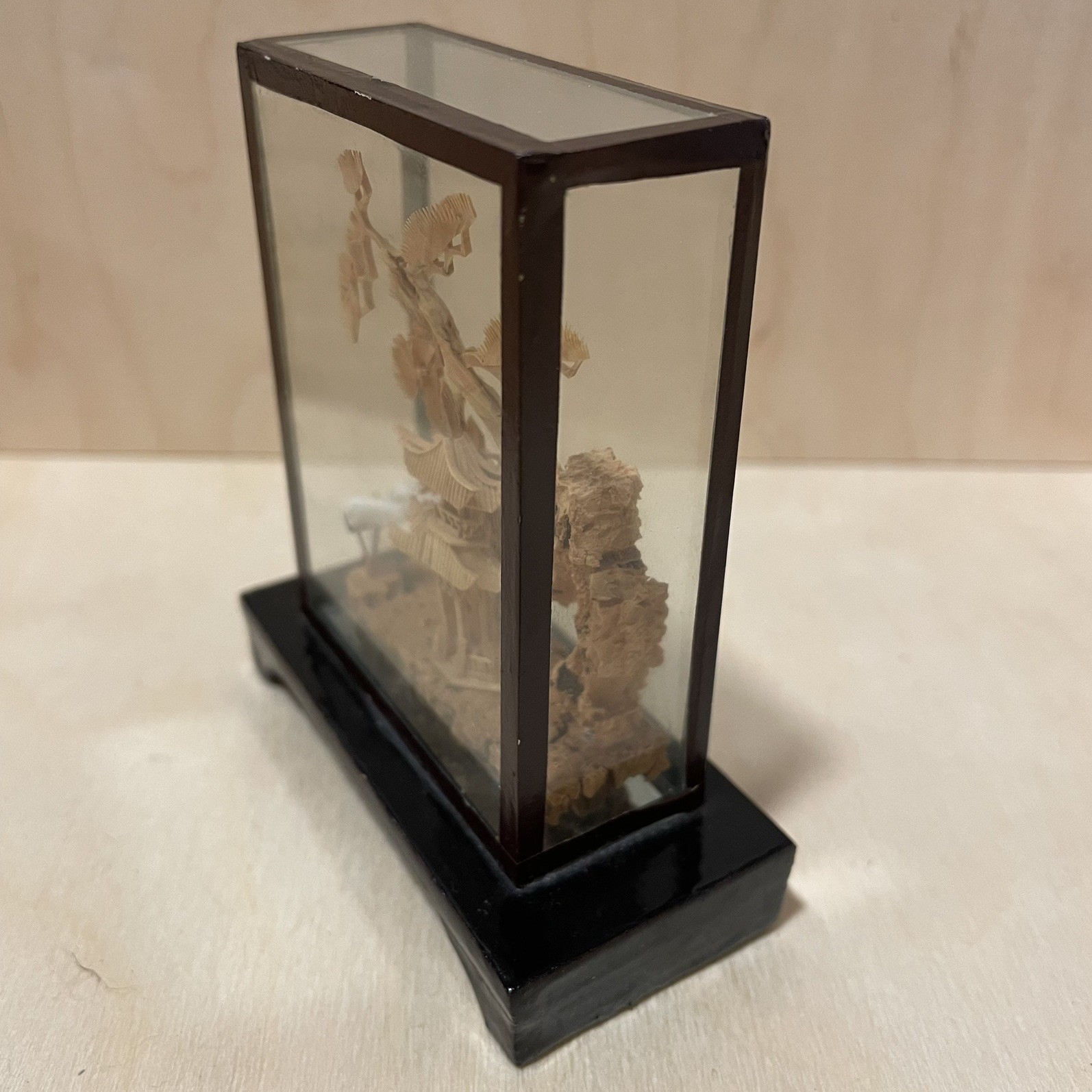 Handmade Vtg Small Chinese Carved Cork Diorama Pagoda with Trees Cranes 3.5″