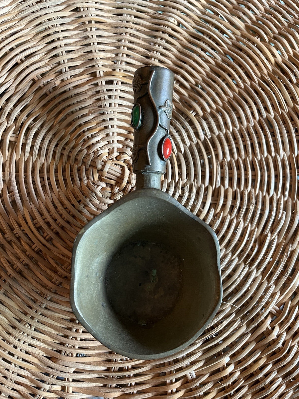 Chinese Brass Incense Burner w/ Dragon Relief, Red/Green Handle Inlays