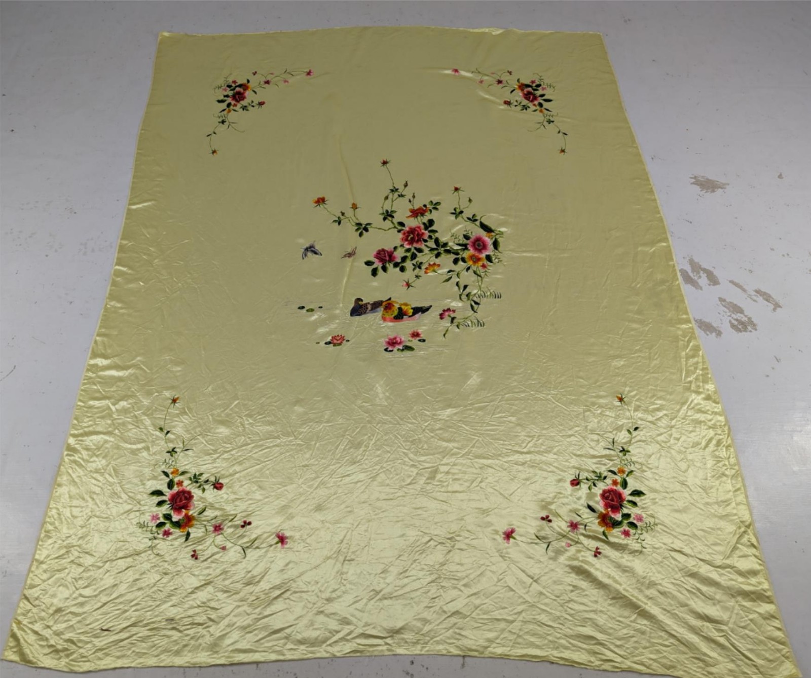 Vintage Chinese Embroidered Floral & Mandarin Ducks Silk Textile 74x56in