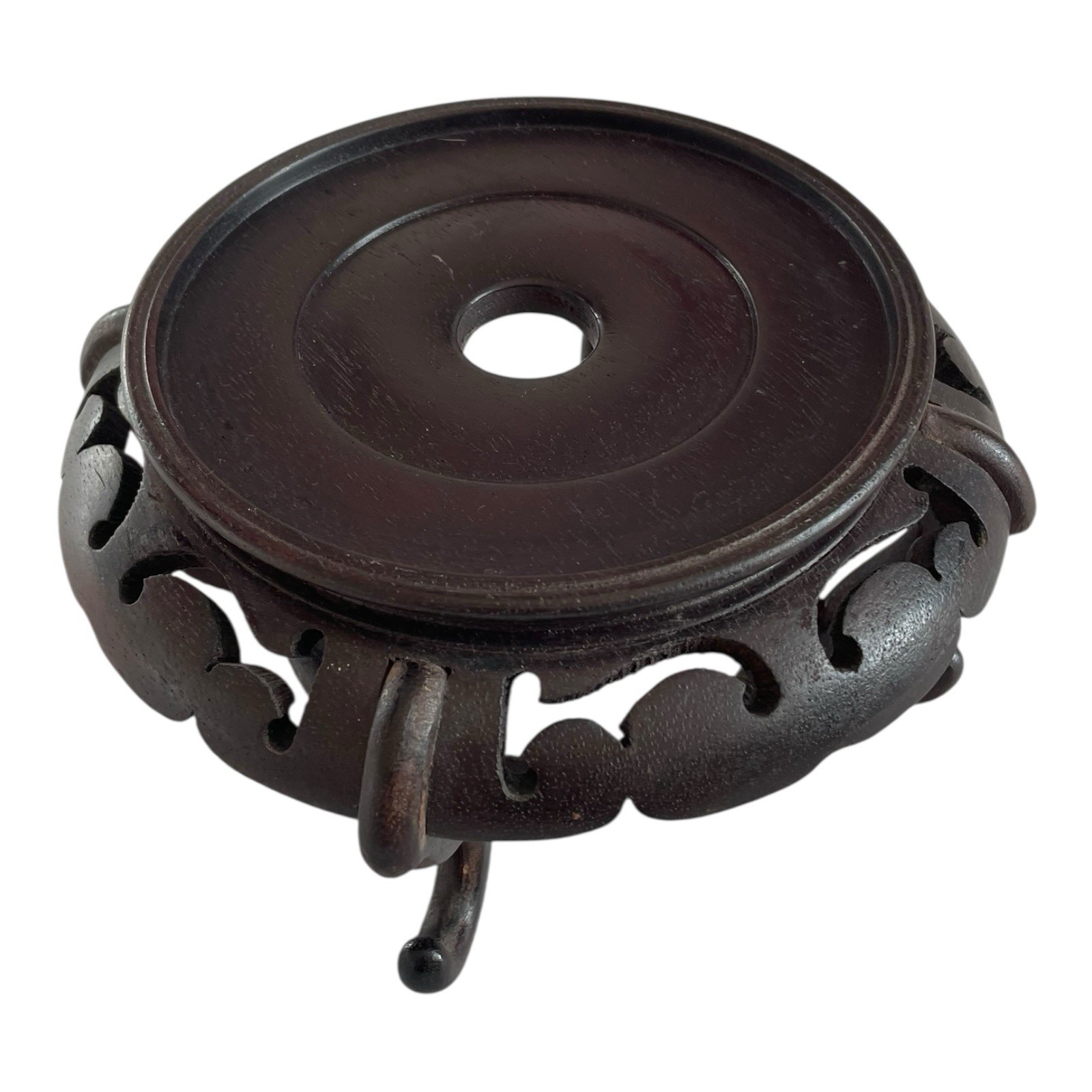 Vintage Chinese Carved Wood Display Stand Footed Pedestal 4.75″ Dark Brown VG
