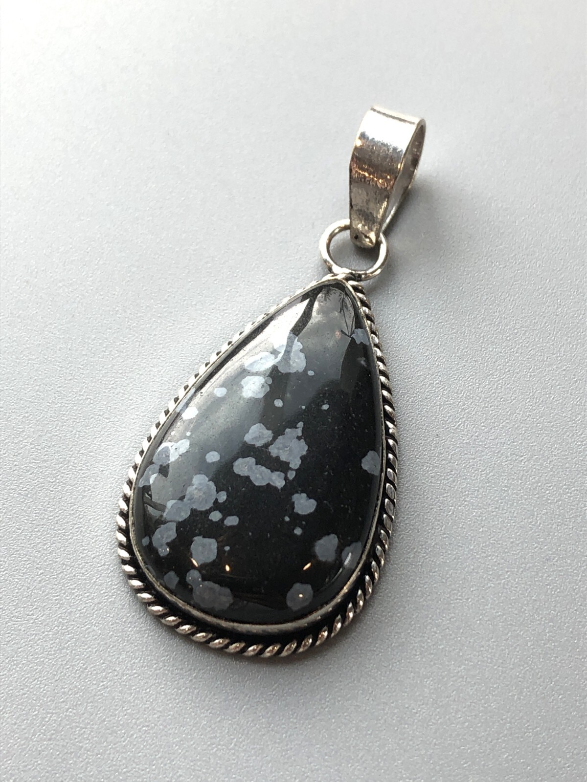 Pendant Snowflake Obsidian Teardrop Silver Tone for Jewelry Making or Crafting
