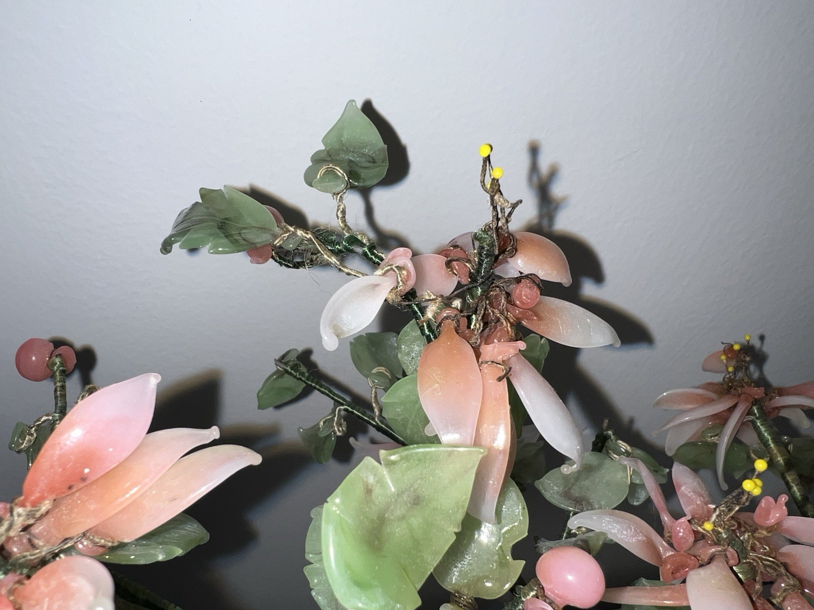 (…-6)Jade Like Flower Pink Glass Asian Bonsai Tree Leaves Missing And Damage.