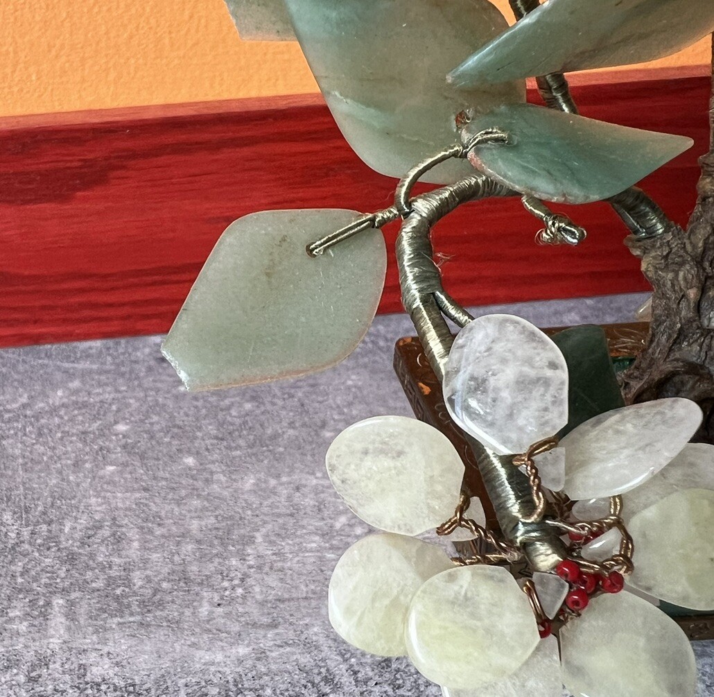 Vintage Chinese Jade Amethyst Carnelian Quartz Flowers Tree Brass Pot Marked