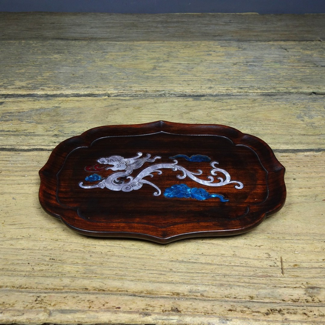 Vintage Sandalwood Inlaid Abalone Dragon Tea Tray Decor 18.5cm