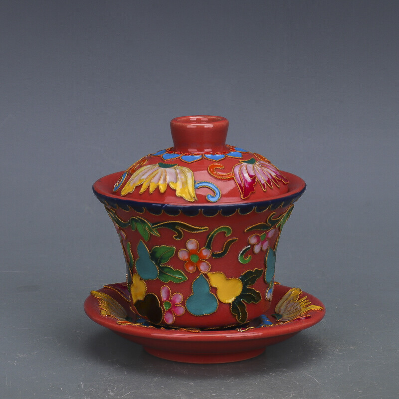 4.5″ China Song Ruyao Red Glaze Porcelain Wire Inlay Gourd San Cai Lid Bowl