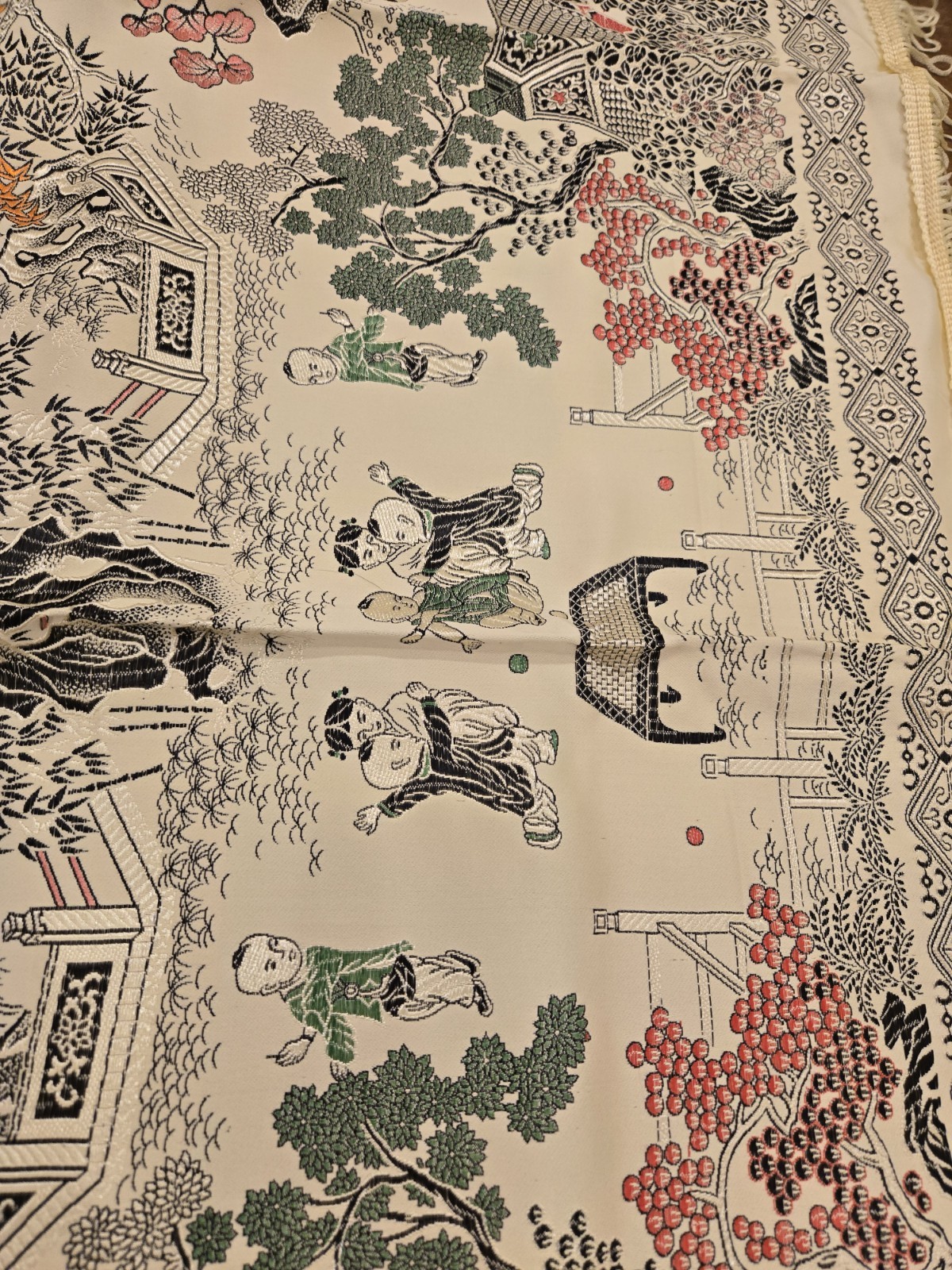 VTG NOS Brocaded Chinese Silk Tapestry Tablecloth 38″ x 38″ Late 70’s-Early 80’s