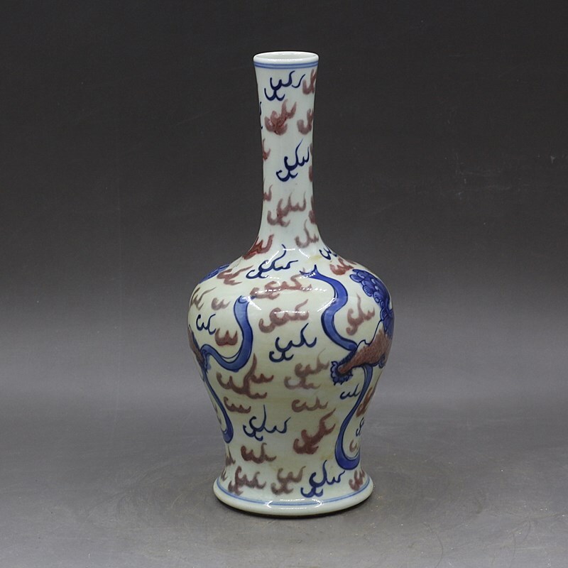 9.4″ Chinese Qing Blue White Porcelain Red Glaze Animal Foo Fu Dog Lion Vase