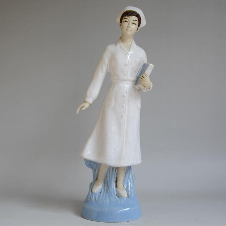 9.5″ Collect Chinese Color Glaze Porcelain Beautiful Woman Nurse Statue