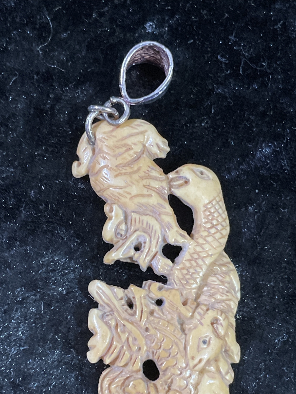 CHINESE ZODIAC SYMBOLS NECKPIECE Hand Carved w/.925 Sterling Silver Bails