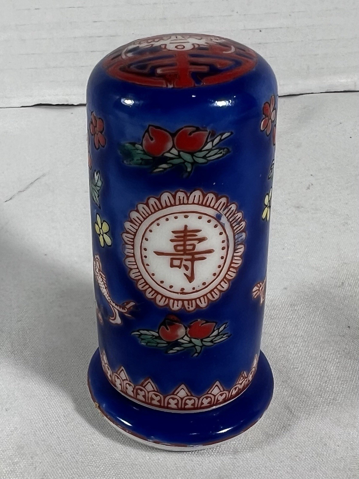 Vintage Chinese Blue & White Porcelain Toothpick Holder – Peonies & Fish – 3.5”