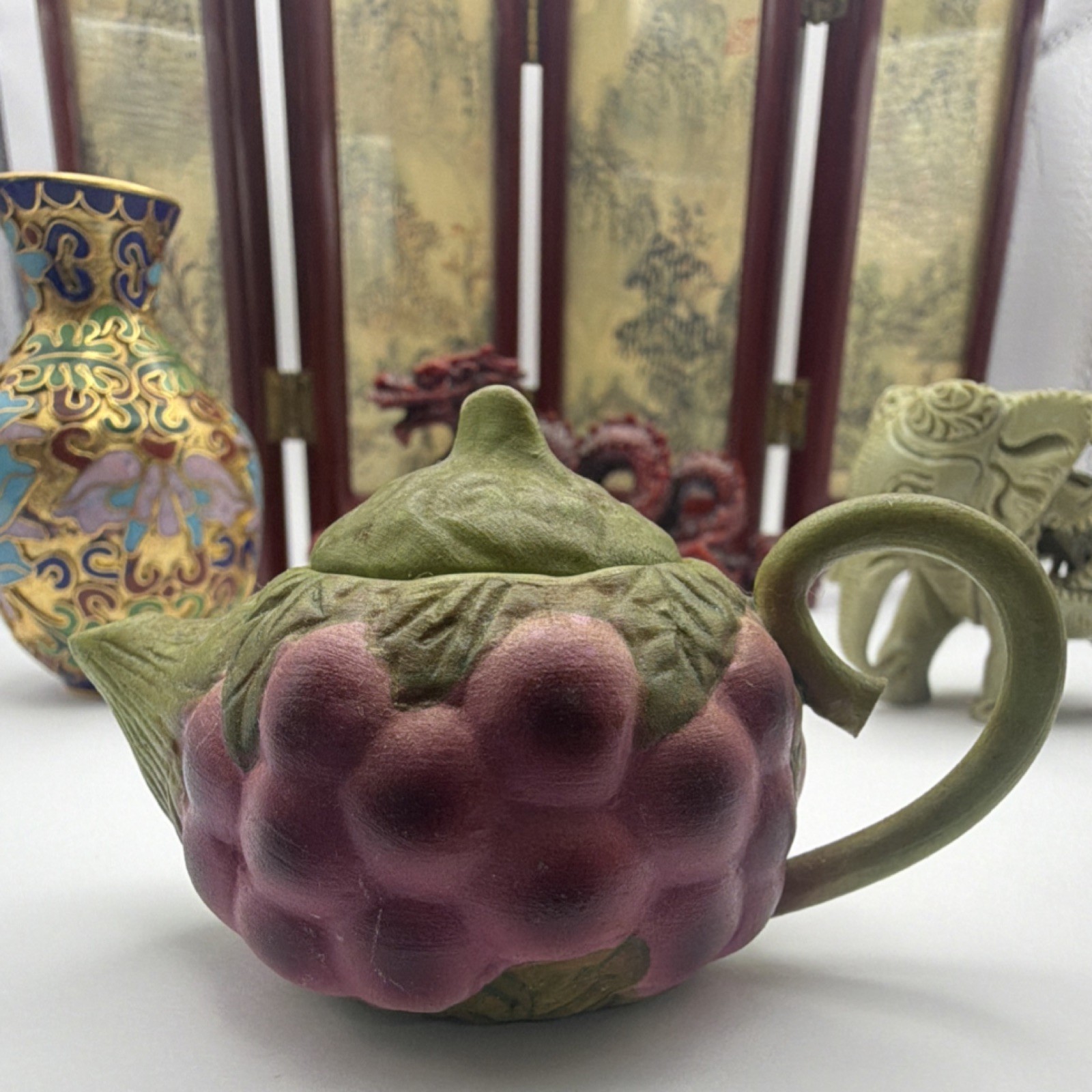 Antique Chinese Handmade Collectible Set: Vase, Teapot, Dragon, Elephant, Screen