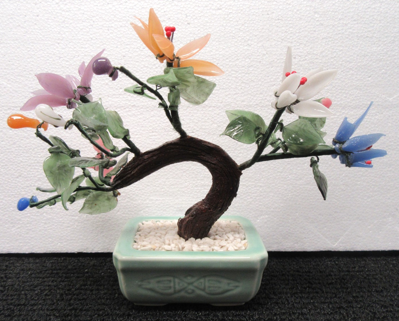 Vintage Chinese Jade Glass Bonsai Tree 10″ W x 8″ T Multi Color Flowers #NR