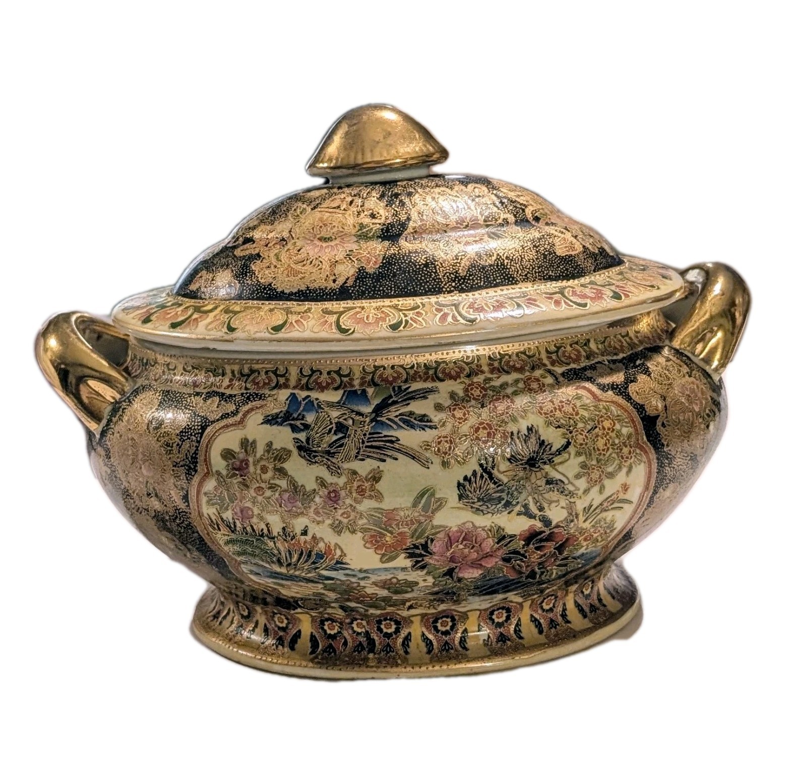 Large 14.5″ Gilded Vintage Chinese Tureen Birds Floral