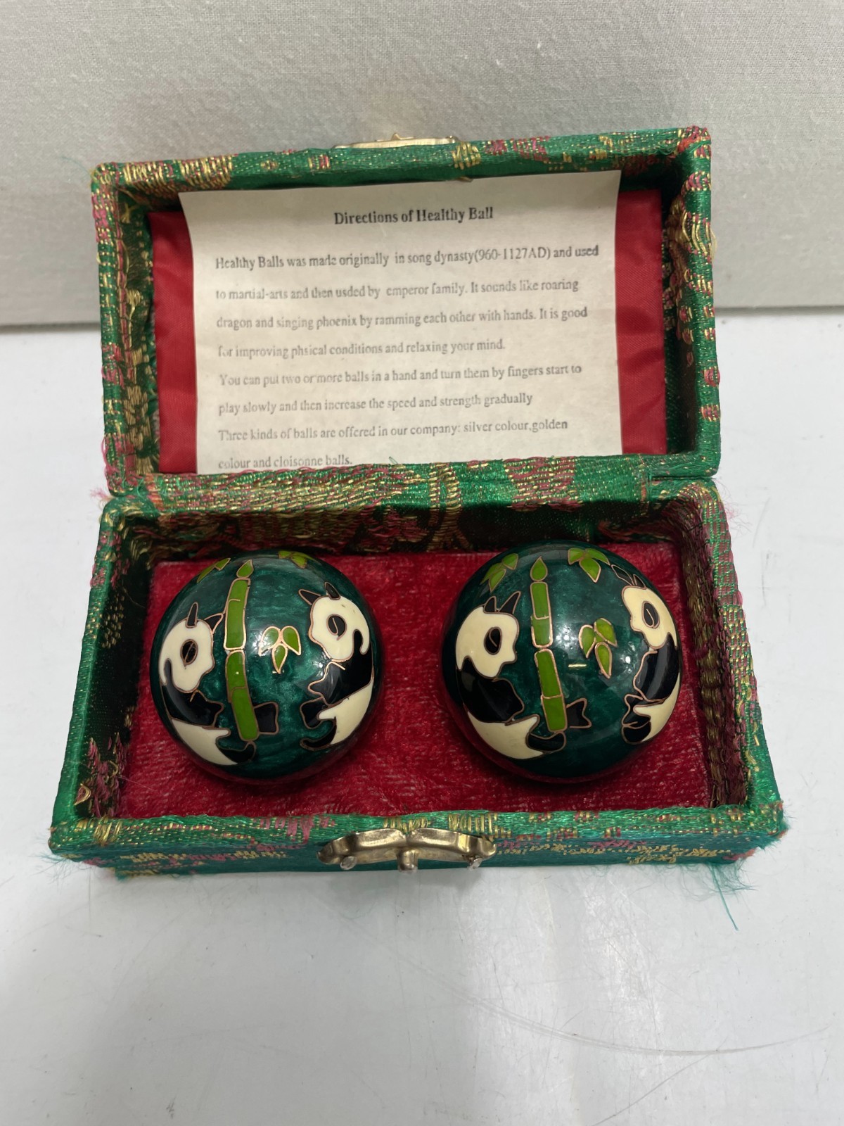 Vintage Chinese Cloisonné Panda Bamboo Baoding Meditation Balls w/ Silk Box