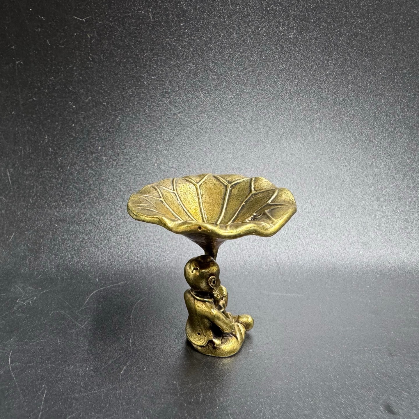 Vintage Brass Boy Holding Lotus Leaf Tray Incense Holder Tiny Jewelry Storage