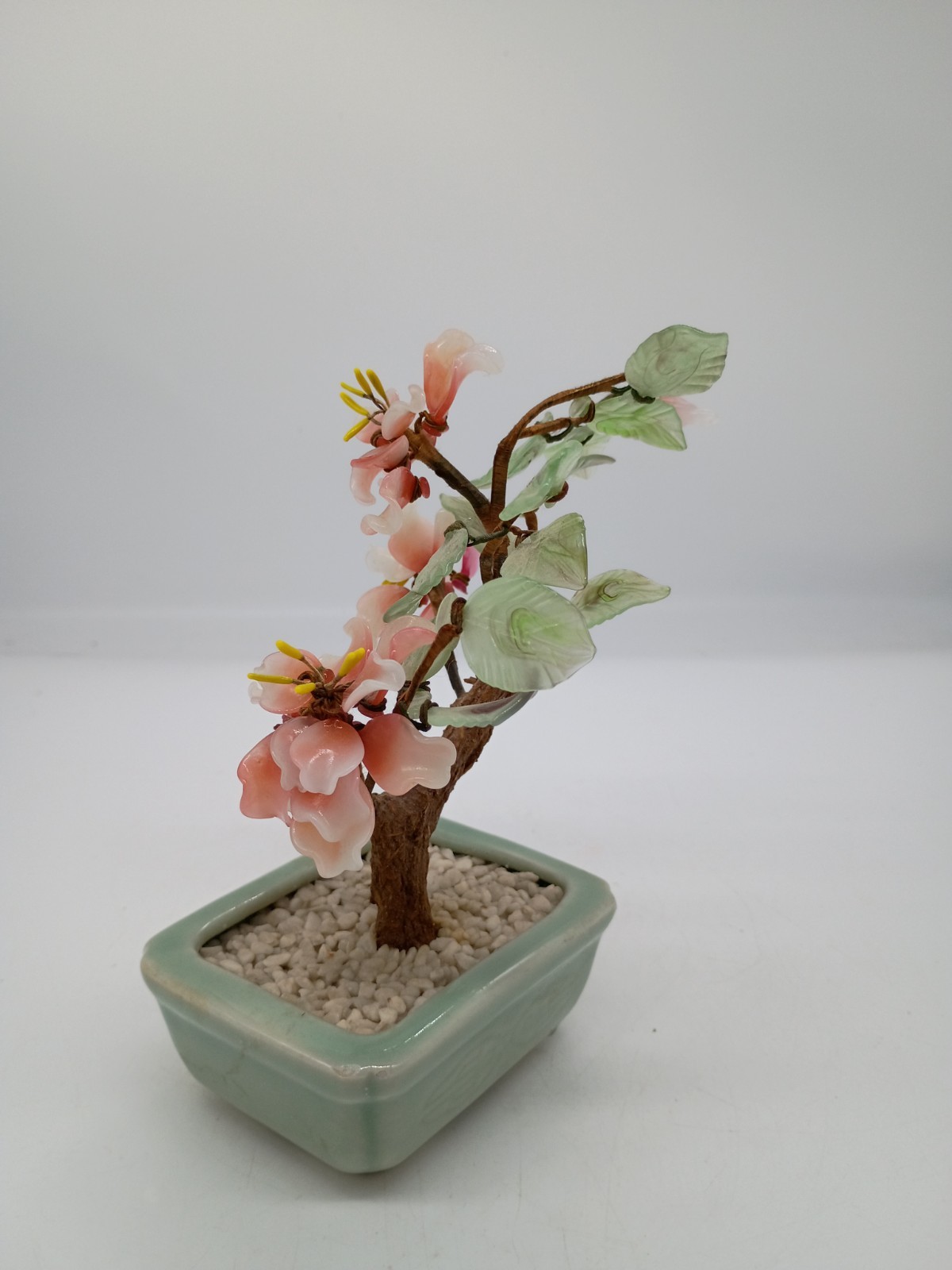 Chinoiserie Green Jade & Pink Rose Quartz Faux Bonsai Tree in Celedon Planter 7″