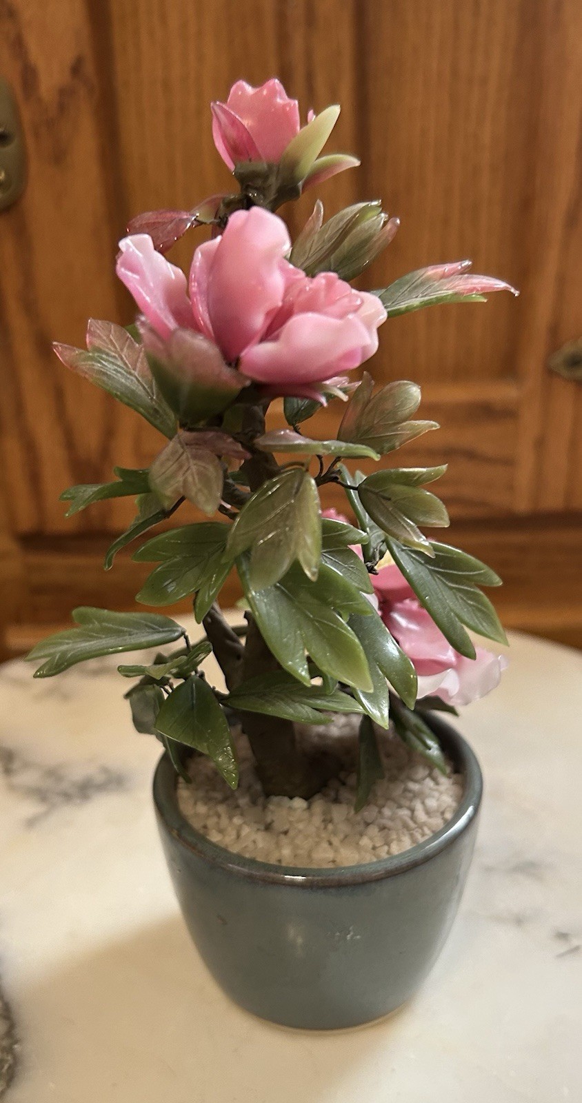 Vintage Chinese Jade Glass Leaves Pink Peony Flowers Bonsai Tree Green Celadon