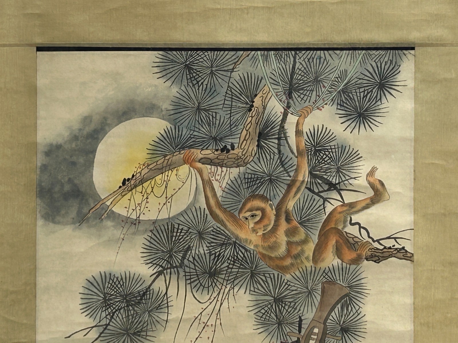 Oriental Scholar Monkeys Ink Brush Color Scroll Painting Wall Art ws4781