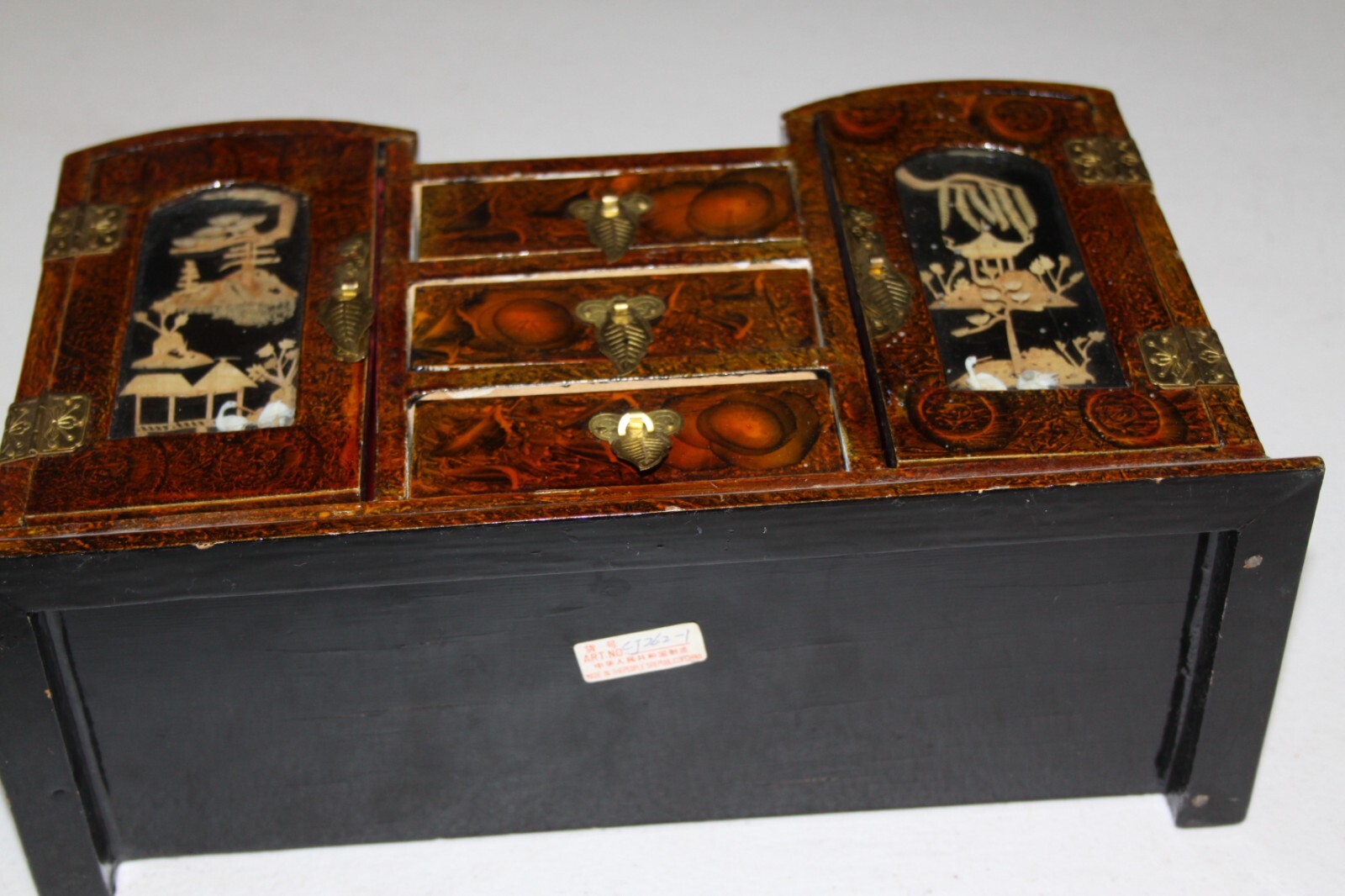 Asian Jewelry Wood Box with Cork Art Pagoda Scene Brass