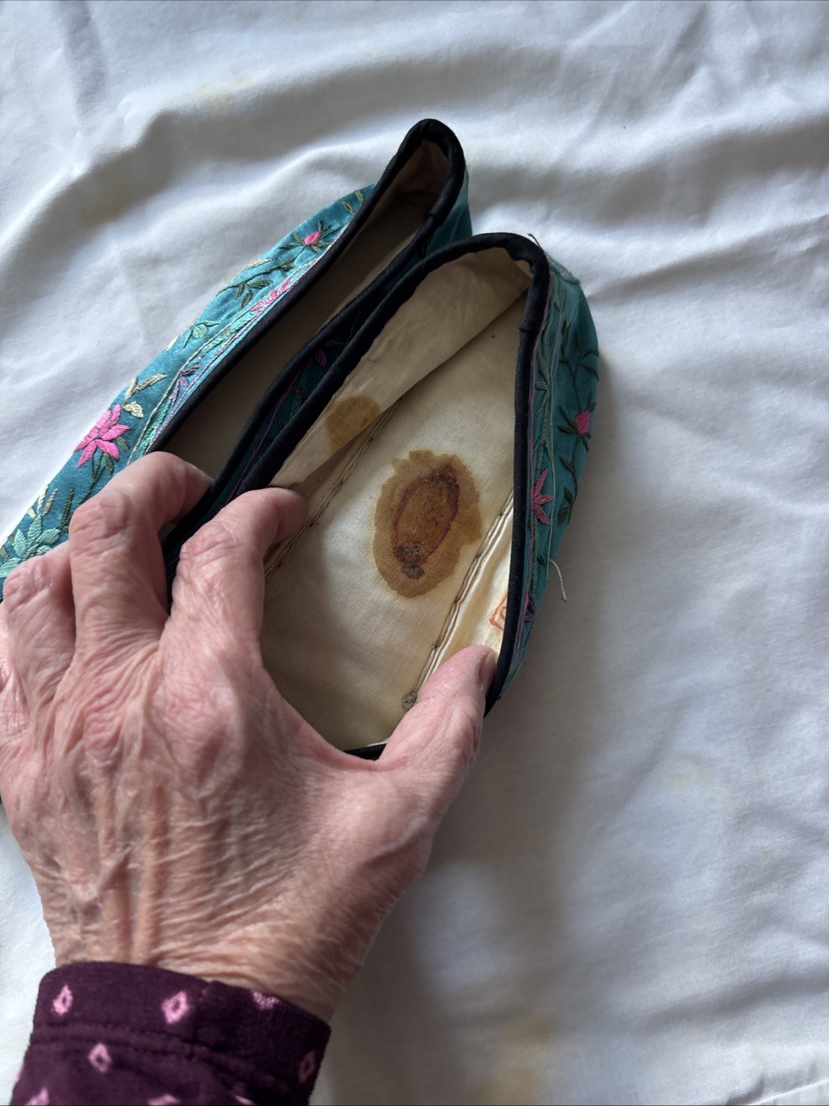 Antique Asian Silk Embroidered Shoes Small Size, Narrow. Very Colorful
